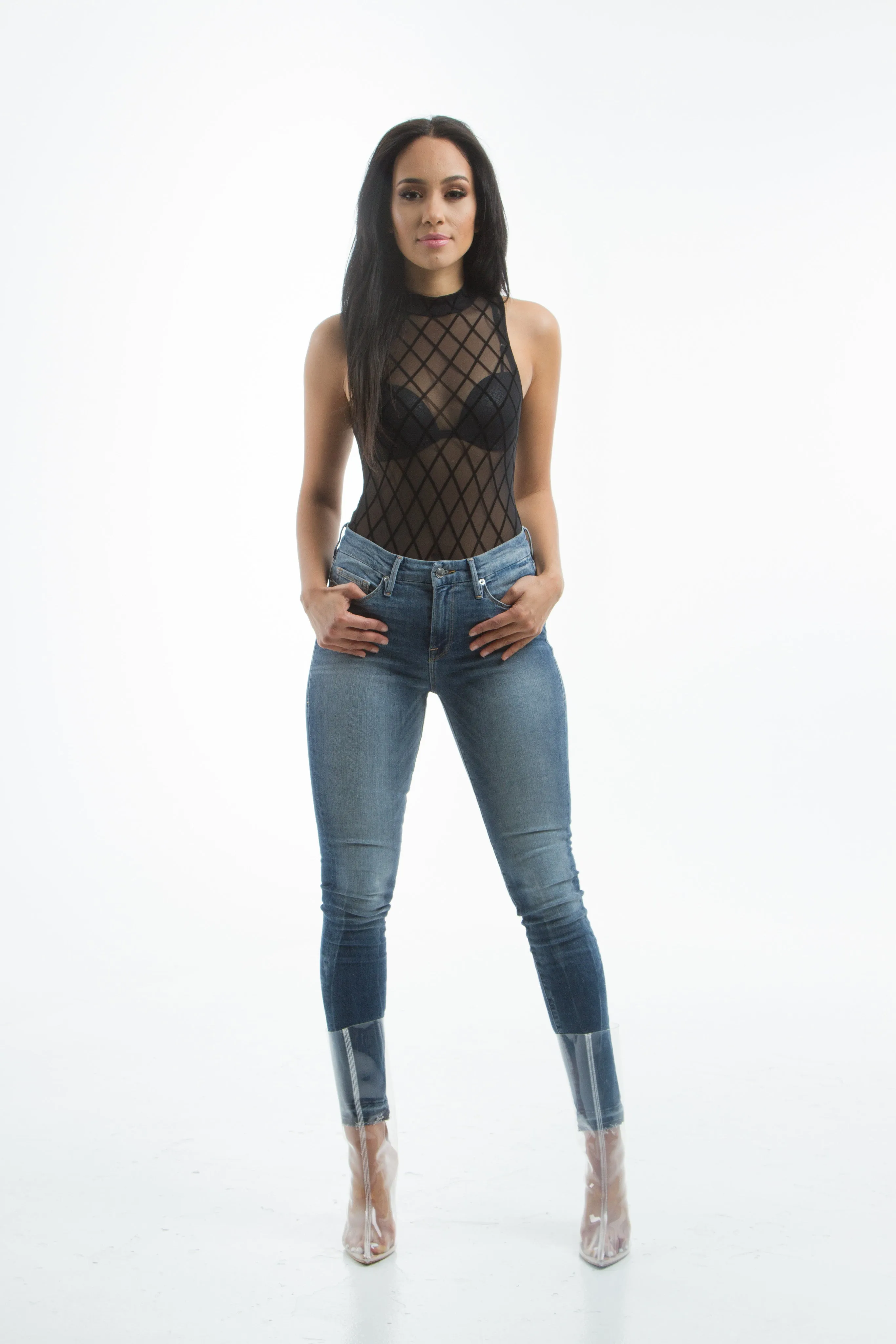 THE MYSTYLEMODE BLACK DIAMOND MESH SLEEVELESS BODYSUIT