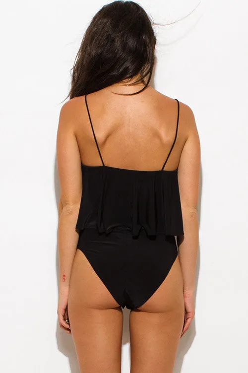 THE MYSTYLEMODE BLACK RUFFLE SPAGHETTI STRAP BODYSUIT