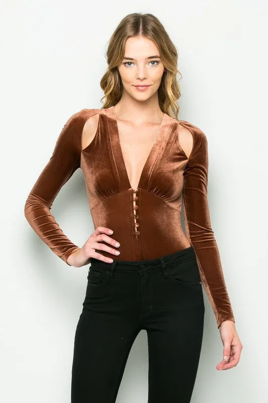 THE MYSTYLEMODE COPPER VELVET PLUNGING V NECK SHOULDER SLIT LONG SLEEVE BODYSUIT