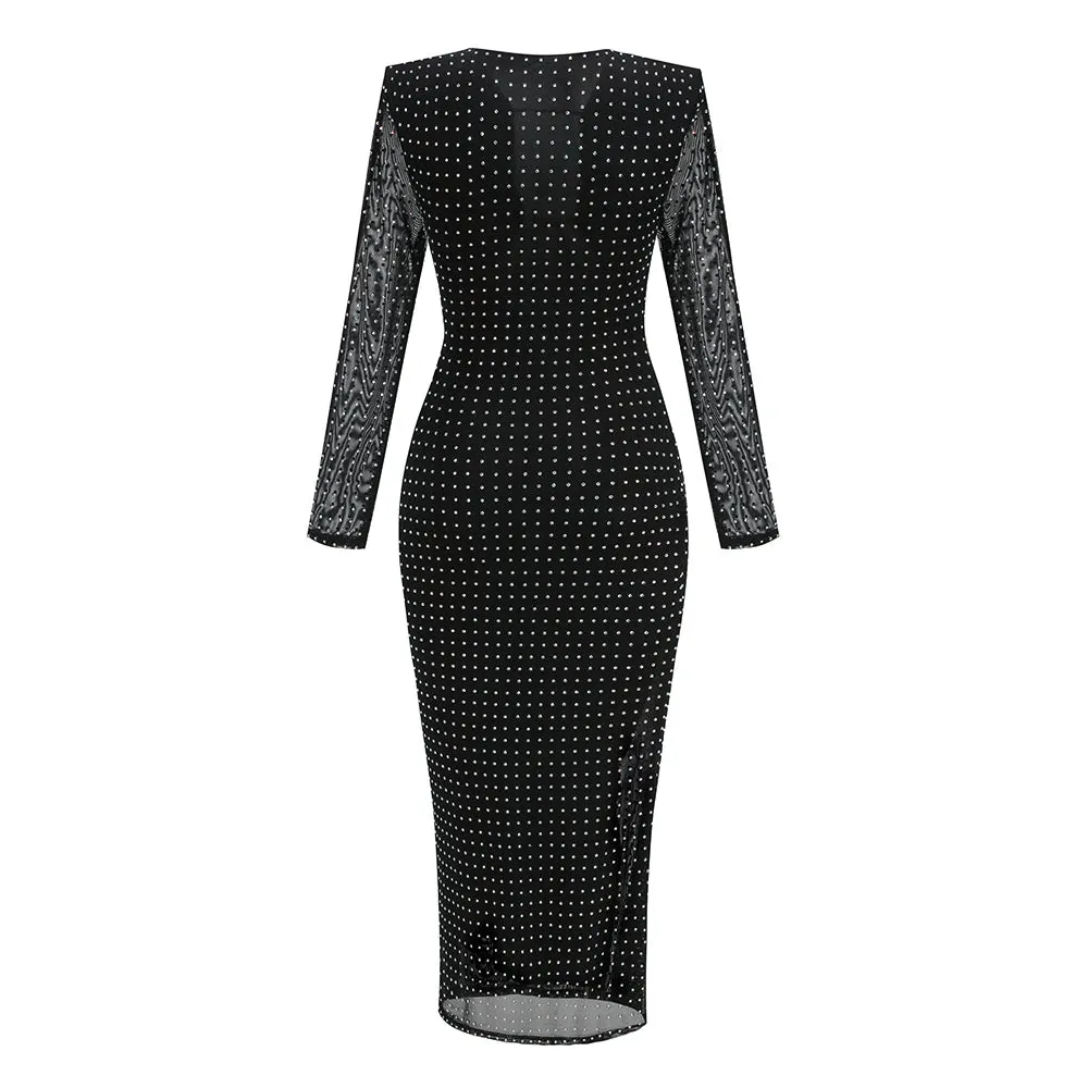 Trend4us Elegant Black Mesh Rhinestone Long Sleeve Midi Dress