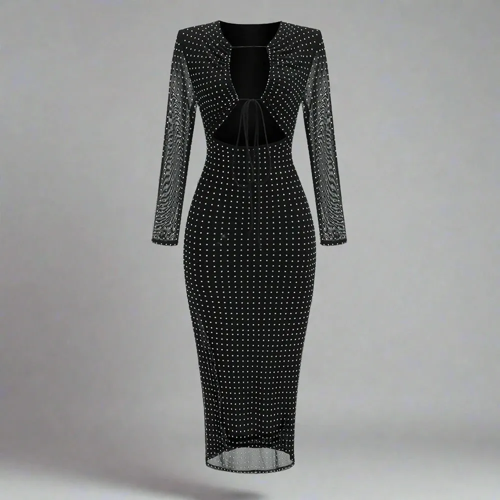 Trend4us Elegant Black Mesh Rhinestone Long Sleeve Midi Dress