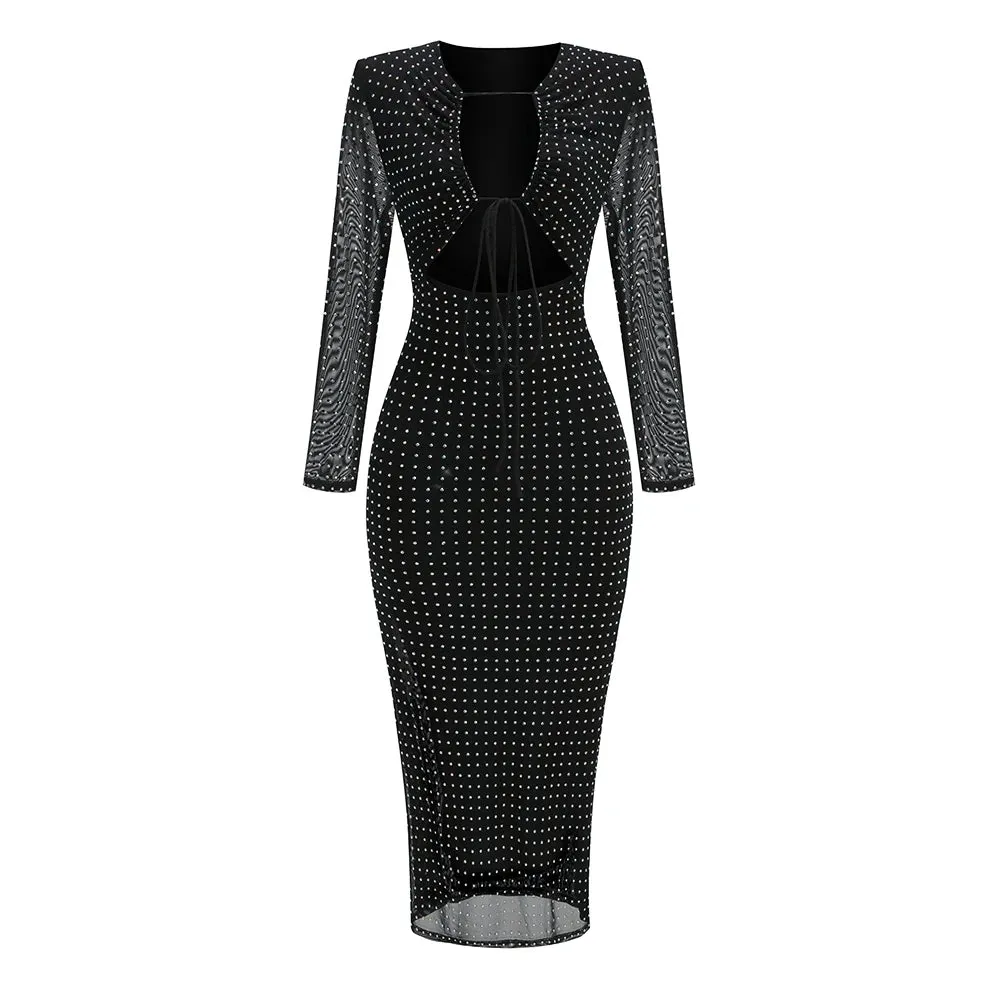 Trend4us Elegant Black Mesh Rhinestone Long Sleeve Midi Dress