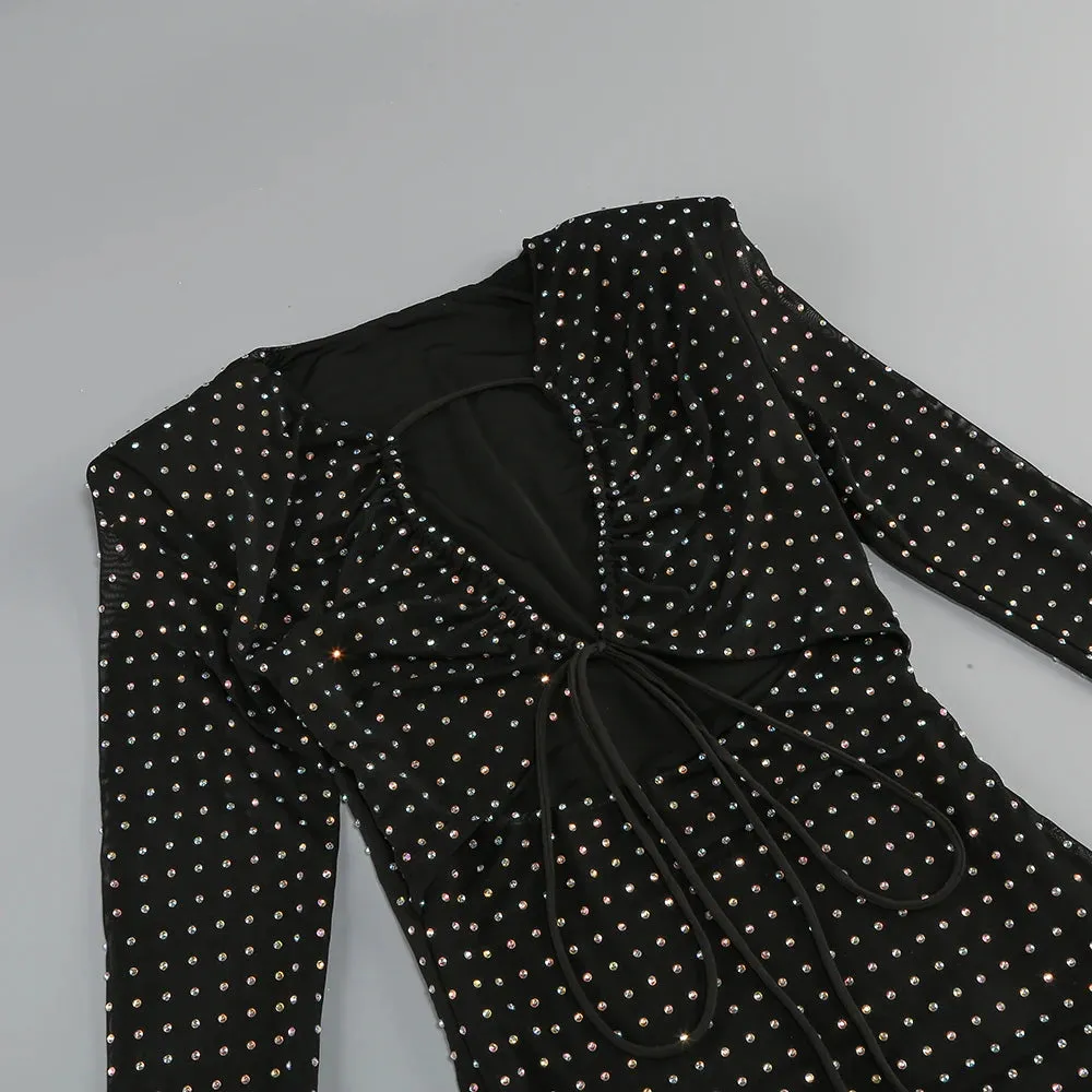 Trend4us Elegant Black Mesh Rhinestone Long Sleeve Midi Dress