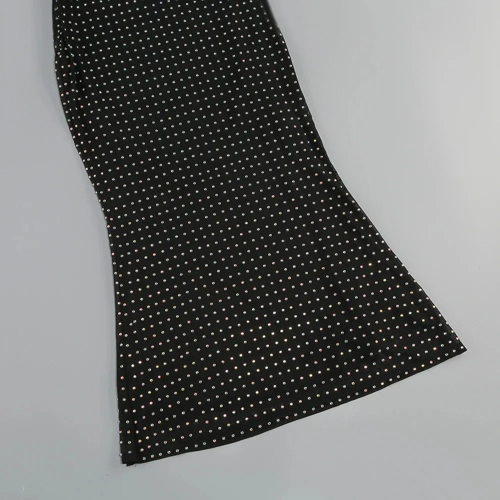 Trend4us Elegant Black Mesh Rhinestone Long Sleeve Midi Dress