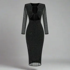 Trend4us Elegant Black Mesh Rhinestone Long Sleeve Midi Dress