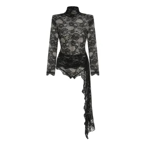 Trend4us Lace High-Neck Ruched Asymmetrical Top Bodysuit