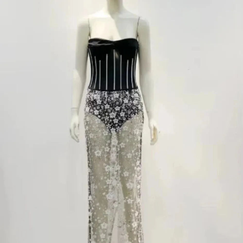 Trend4us Women's Corset Bodysuit Applique Beaded Skirt Set