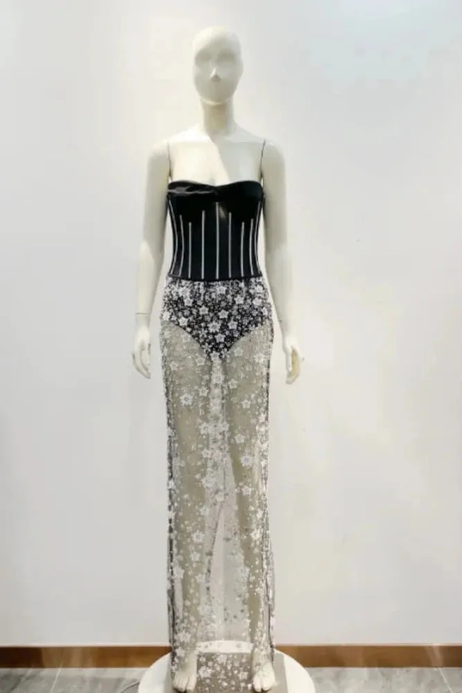 Trend4us Women's Corset Bodysuit Applique Beaded Skirt Set