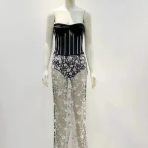 Trend4us Women's Corset Bodysuit Applique Beaded Skirt Set