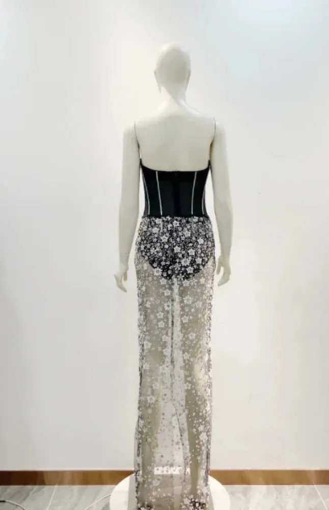 Trend4us Women's Corset Bodysuit Applique Beaded Skirt Set