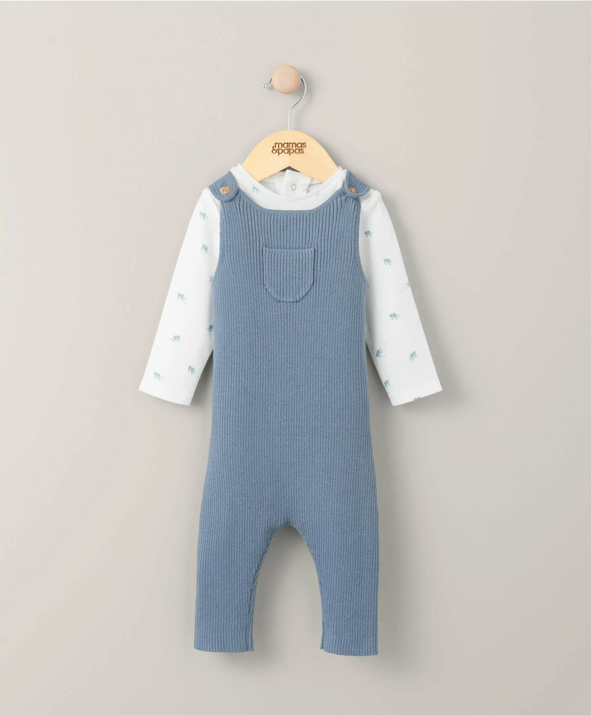 Turtle Bodysuit & Knitted Dungarees - Blue