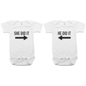Twin Set She Did It, He Did It Short Sleeve Infant Bodysuit