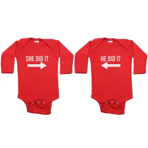 Twin Set She Did It, He Did It Sleeve Infant Bodysuit