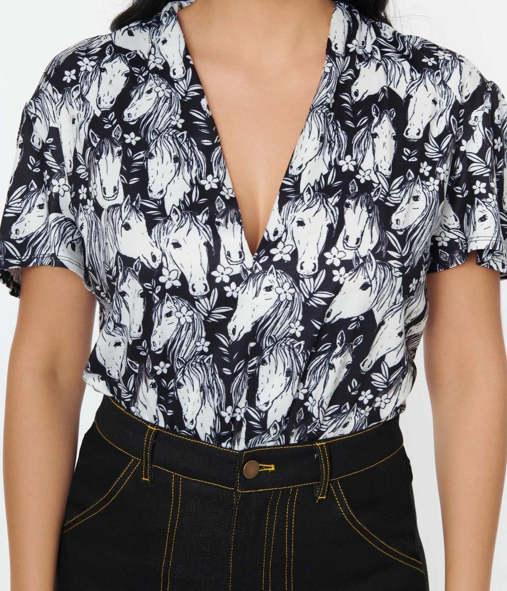 Unique Vintage 1970s Black & Wild Horses Flutter Sleeve Bodysuit