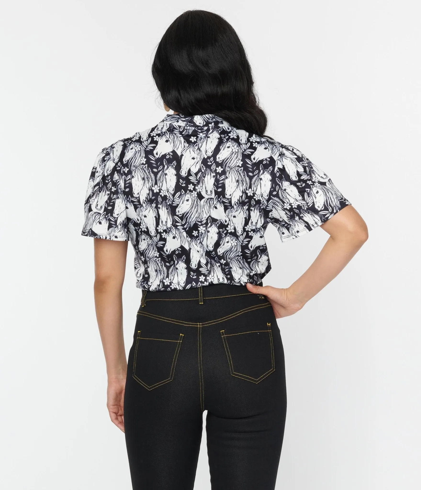 Unique Vintage 1970s Black & Wild Horses Flutter Sleeve Bodysuit