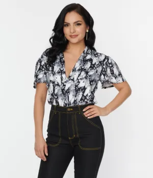 Unique Vintage 1970s Black & Wild Horses Flutter Sleeve Bodysuit