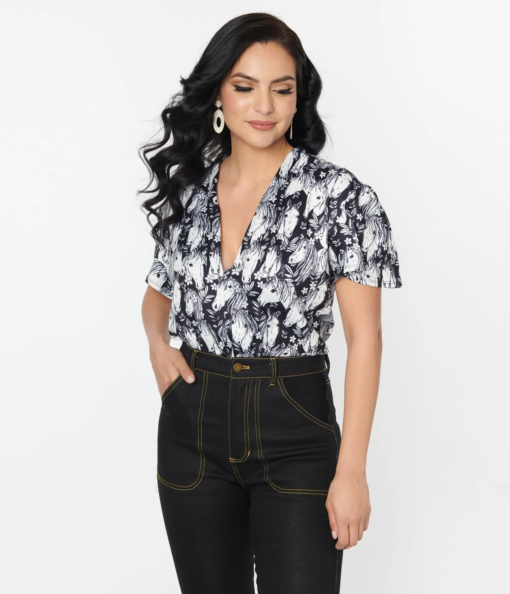 Unique Vintage 1970s Black & Wild Horses Flutter Sleeve Bodysuit