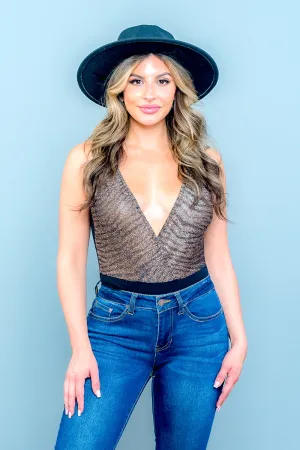 V Neck Surplice Shimmer Tiger Print Bodysuit with Plunge Back (AT-6029-2)