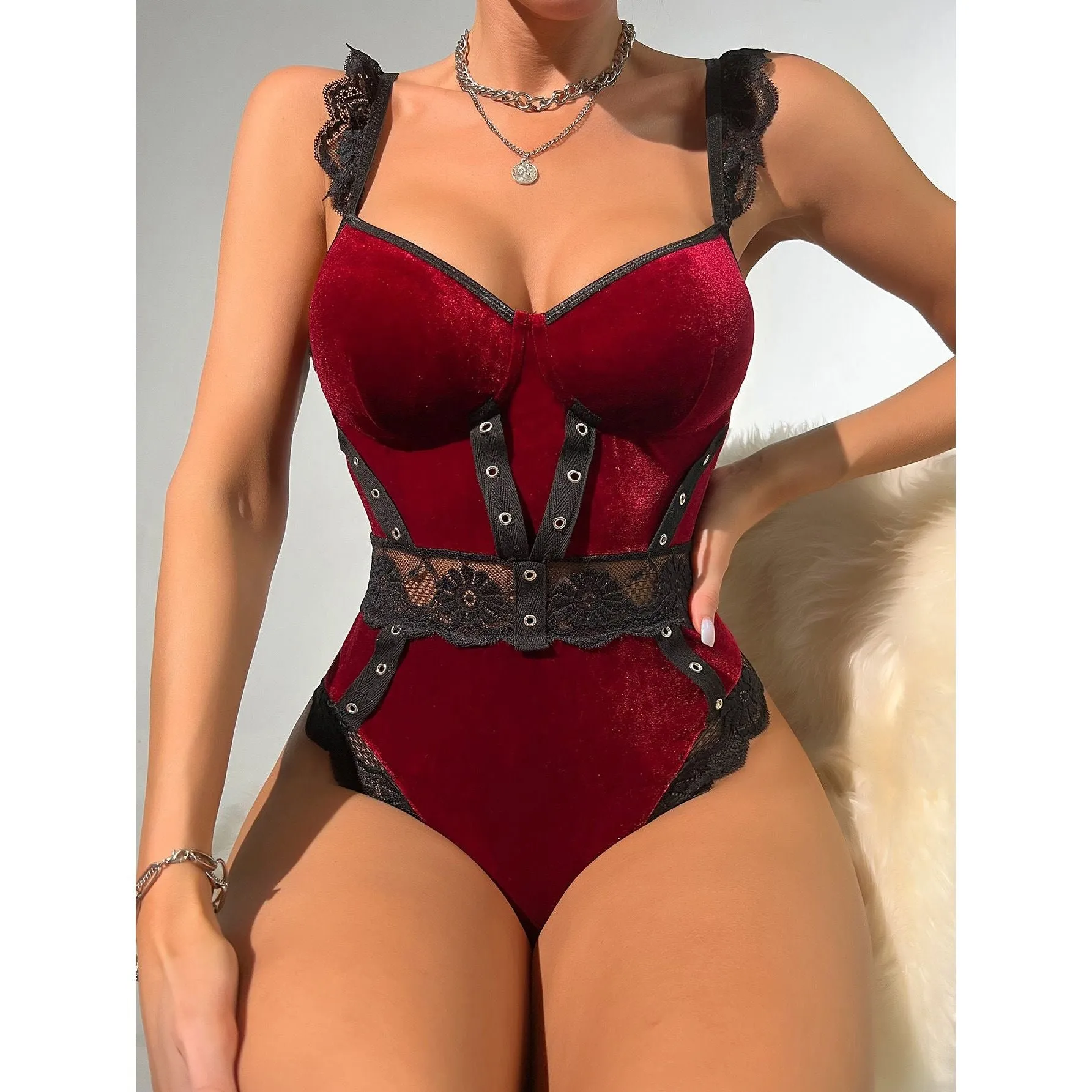 Velvet lace sexy bodysuit