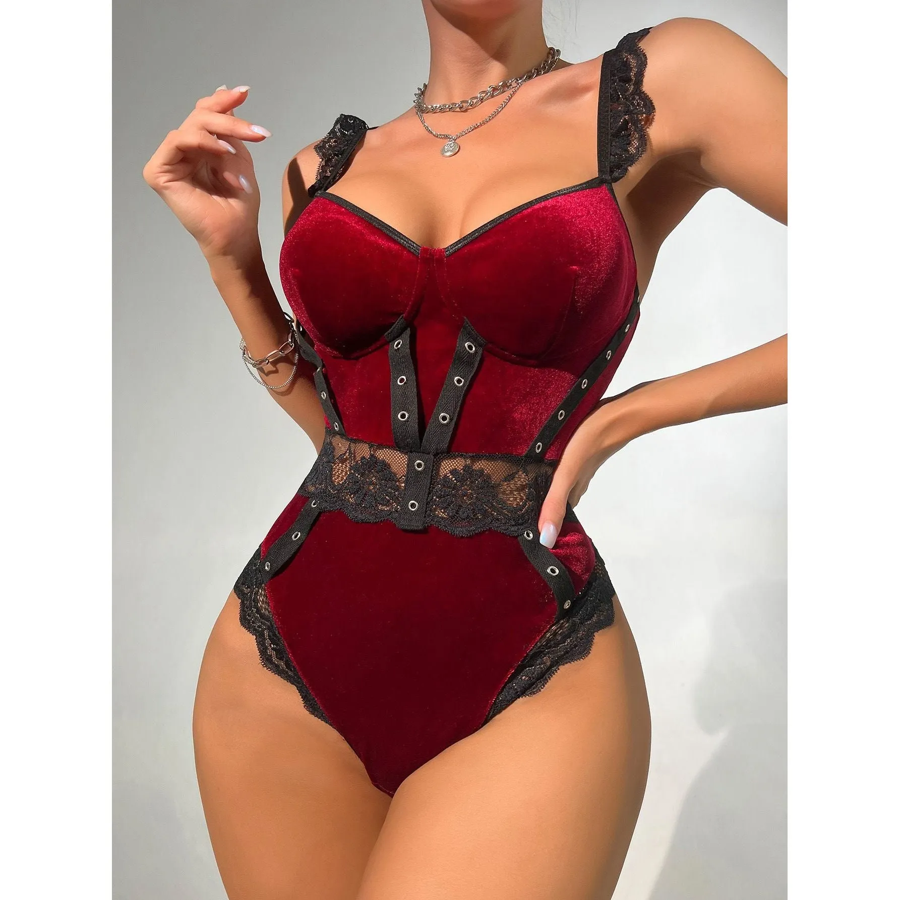 Velvet lace sexy bodysuit