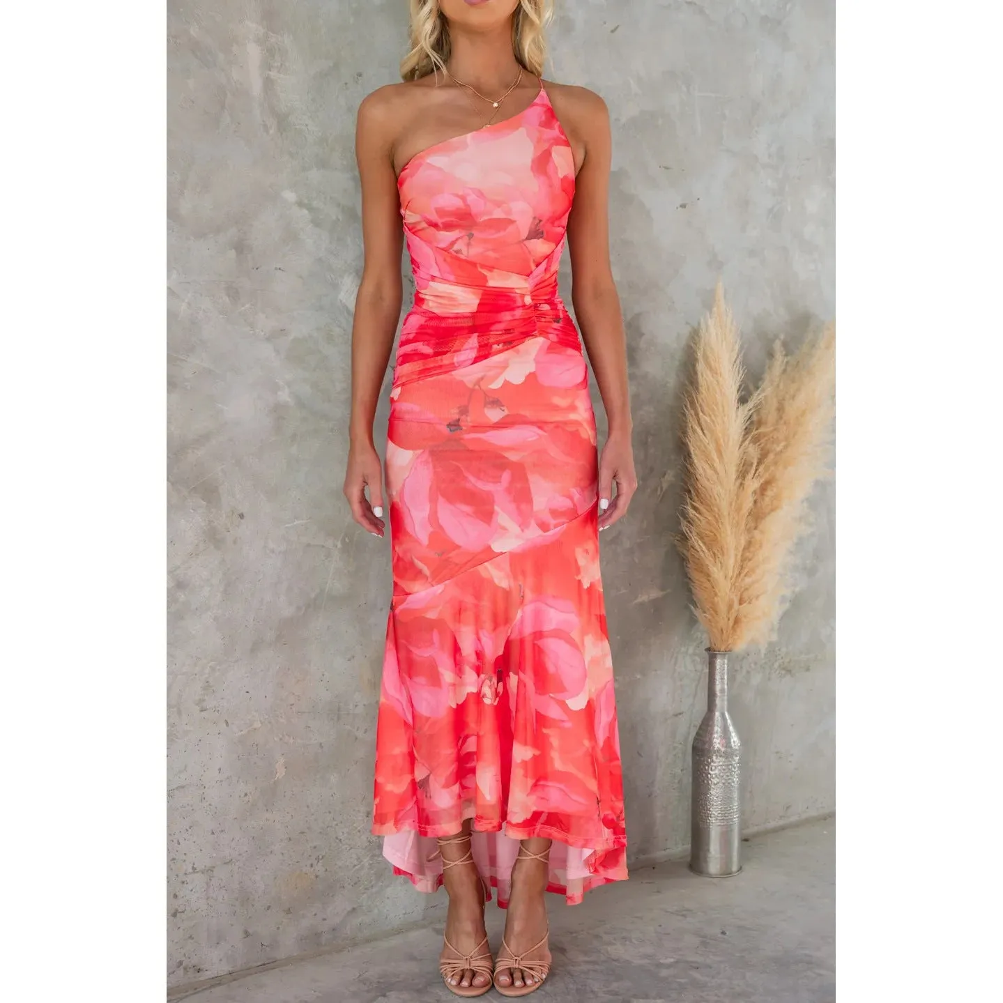 Vibrant Watercolor Flowers Print One-Shoulder Dress