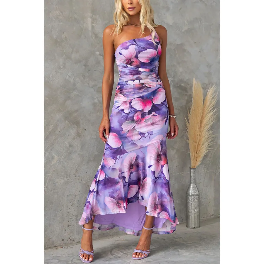 Vibrant Watercolor Flowers Print One-Shoulder Dress