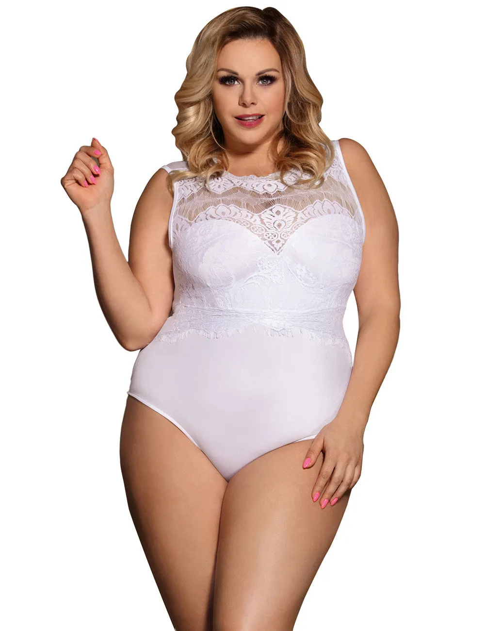 White & Black  Sexy Eyelash Lace Open Crotch Sleeveless Bodysuit