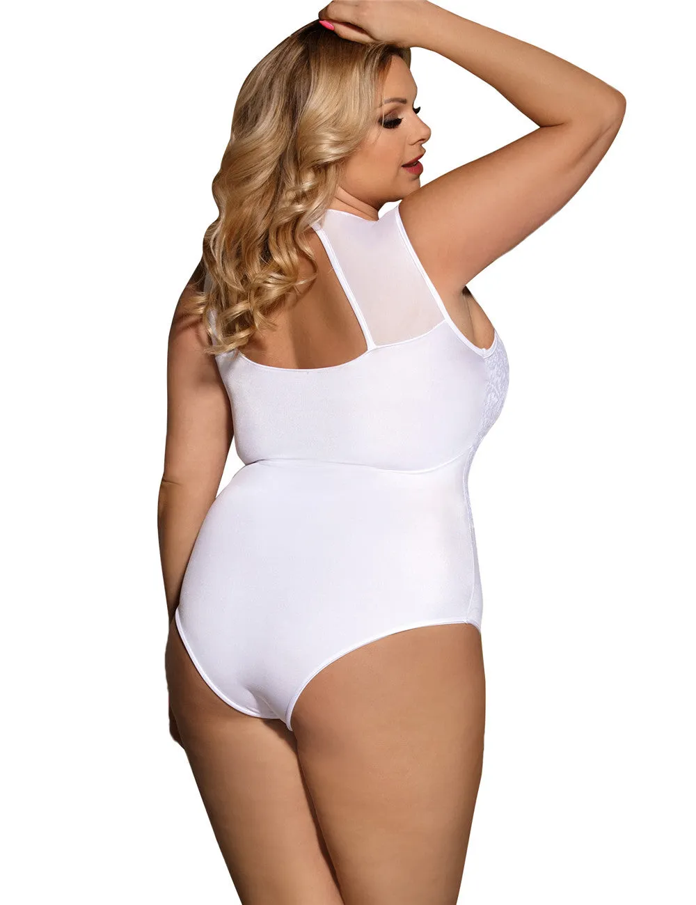 White & Black  Sexy Eyelash Lace Open Crotch Sleeveless Bodysuit