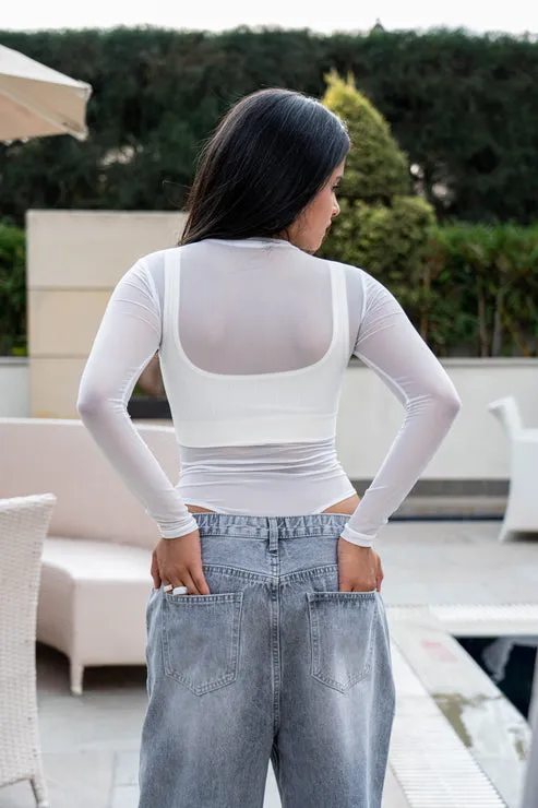 White Solid Mesh Bodysuit