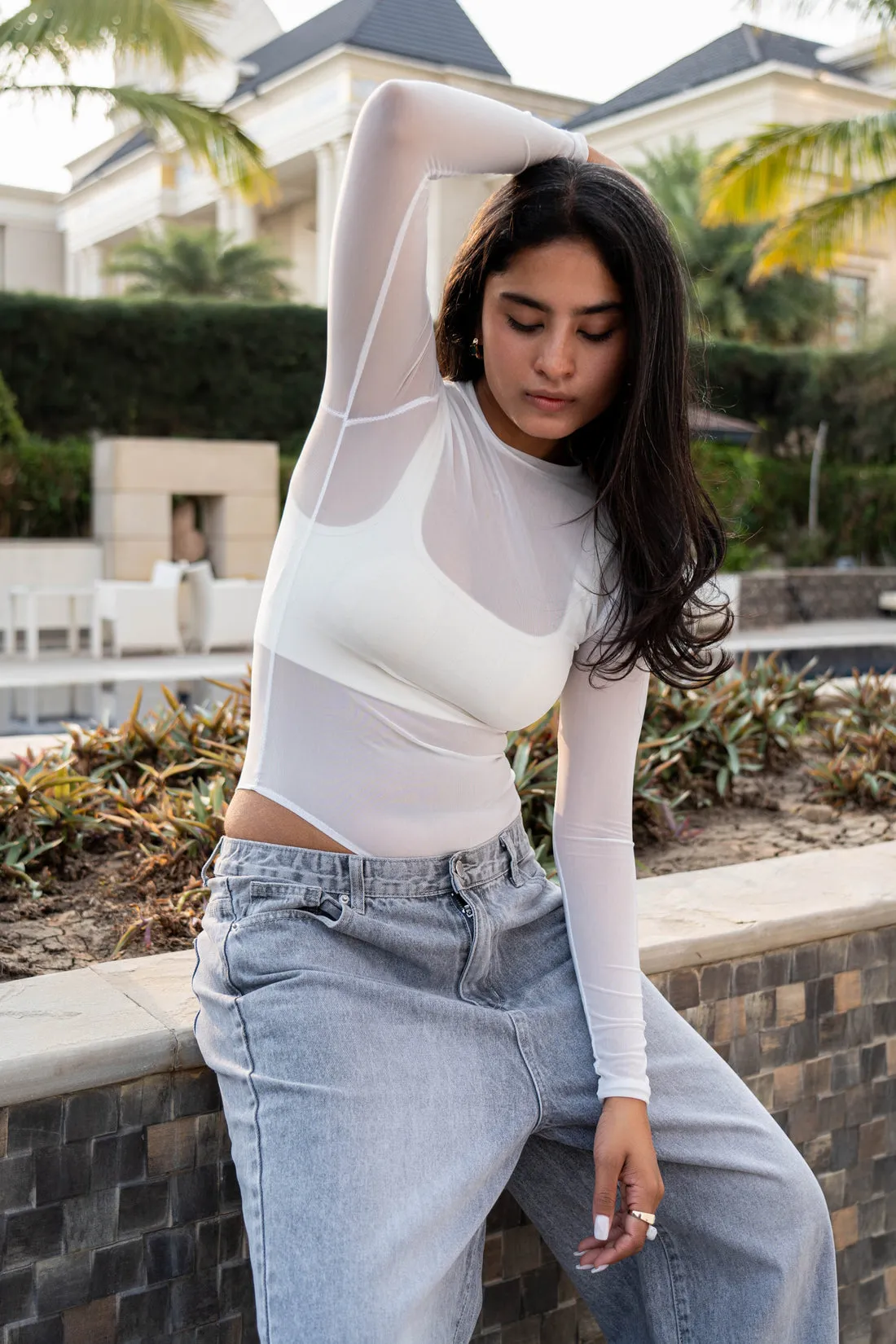 White Solid Mesh Bodysuit