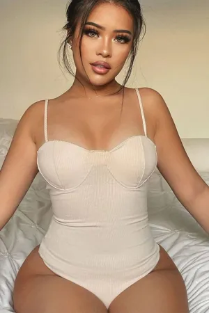 White Spaghetti Strap Square Neck Thong Ribbed Bodysuit