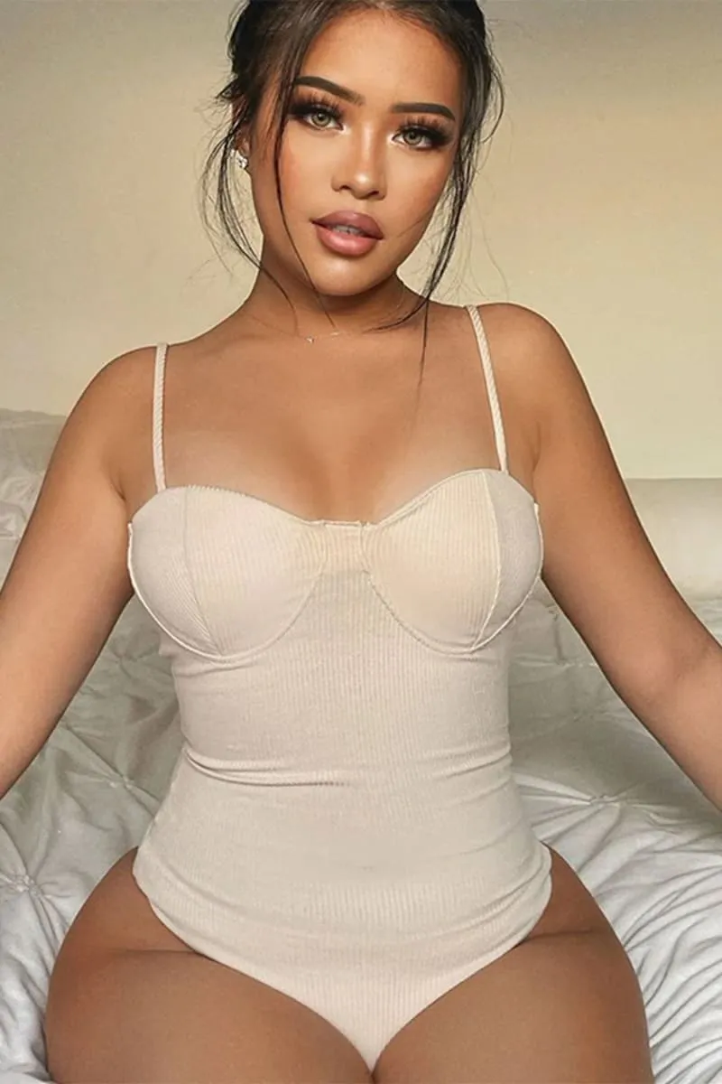 White Spaghetti Strap Square Neck Thong Ribbed Bodysuit