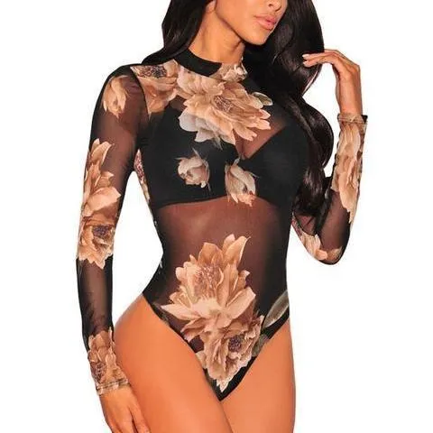 Women Floral Printed Mesh Pattern Bodysuit