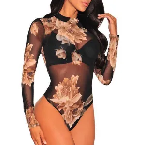 Women Floral Printed Mesh Pattern Bodysuit