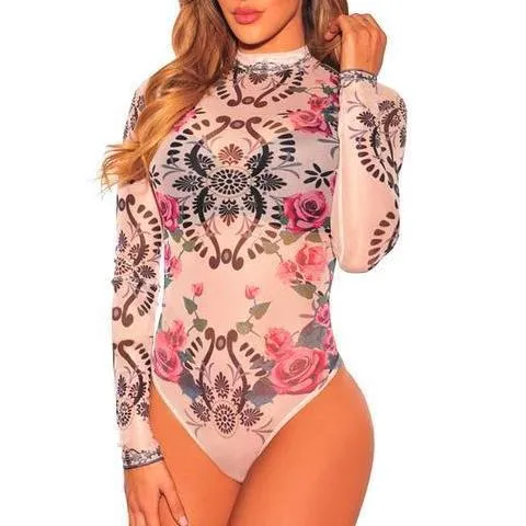 Women Floral Printed Mesh Pattern Bodysuit