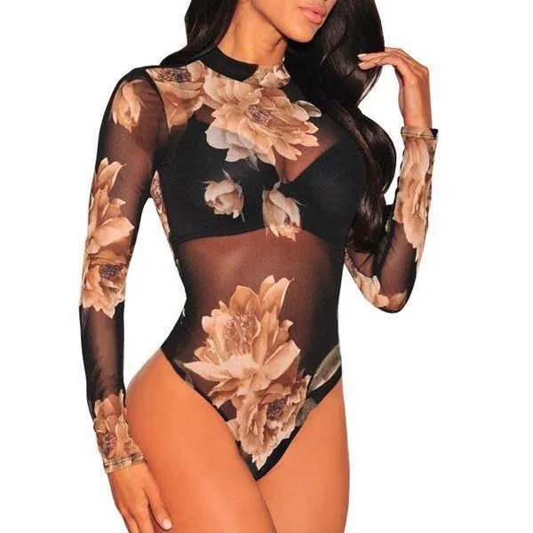 Women Floral Printed Mesh Pattern Bodysuit