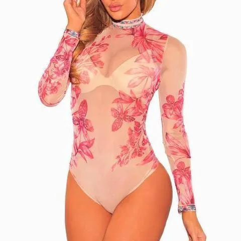 Women Floral Printed Mesh Pattern Bodysuit