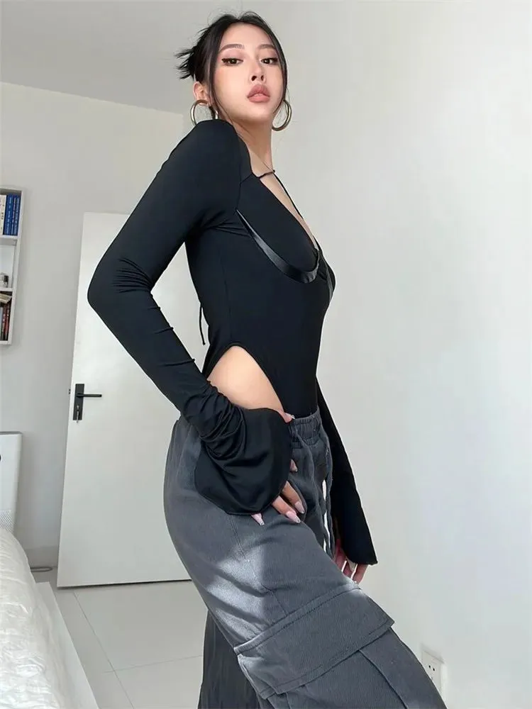 Women Gothic Grunge Punk Long Sleeve Lace Up Bodysuits