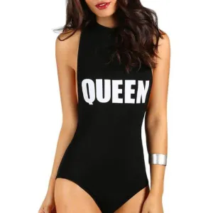 Women Letter Print Bodysuit - Queen