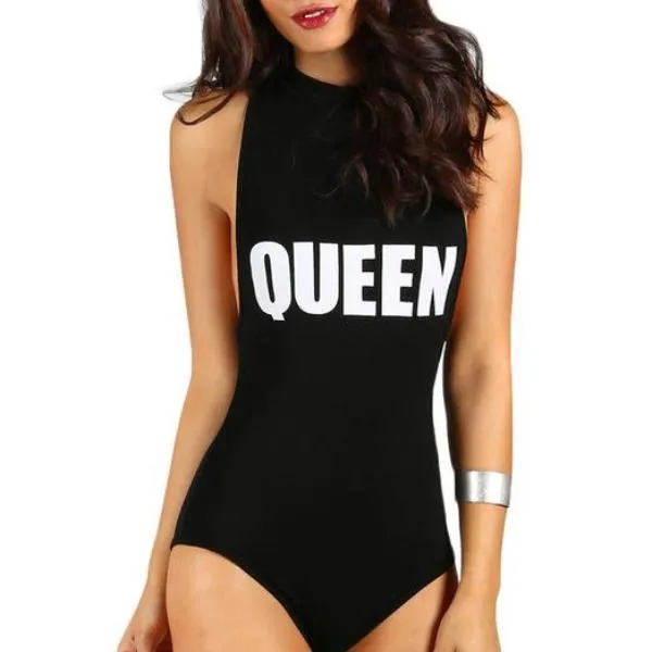 Women Letter Print Bodysuit - Queen