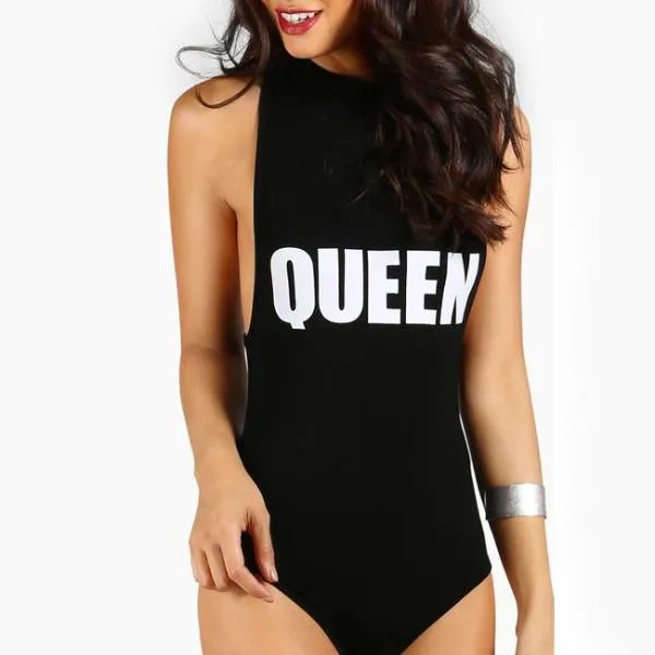 Women Letter Print Bodysuit - Queen
