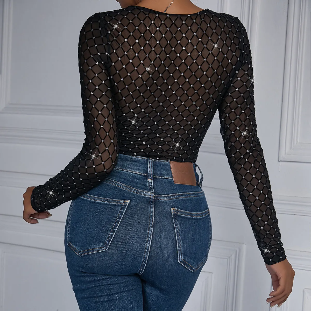 Women Long Sleeve Mesh Black Bodysuit