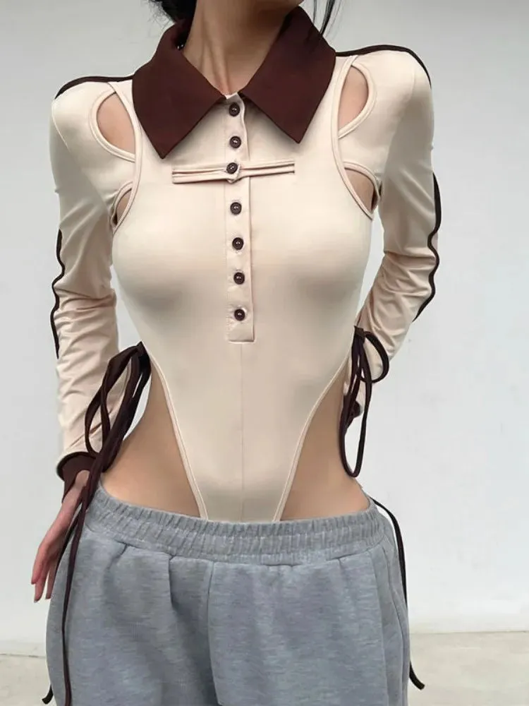 Women Long Sleeves Irregular Patchwork Hollow Out Bodysuits