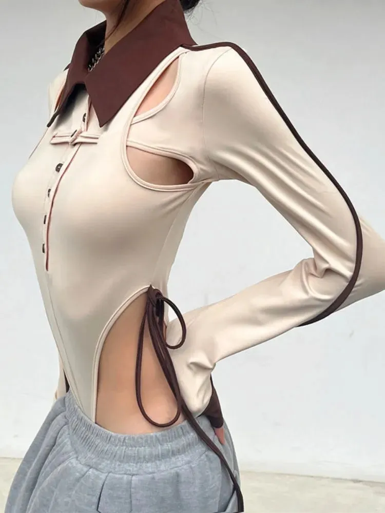 Women Long Sleeves Irregular Patchwork Hollow Out Bodysuits