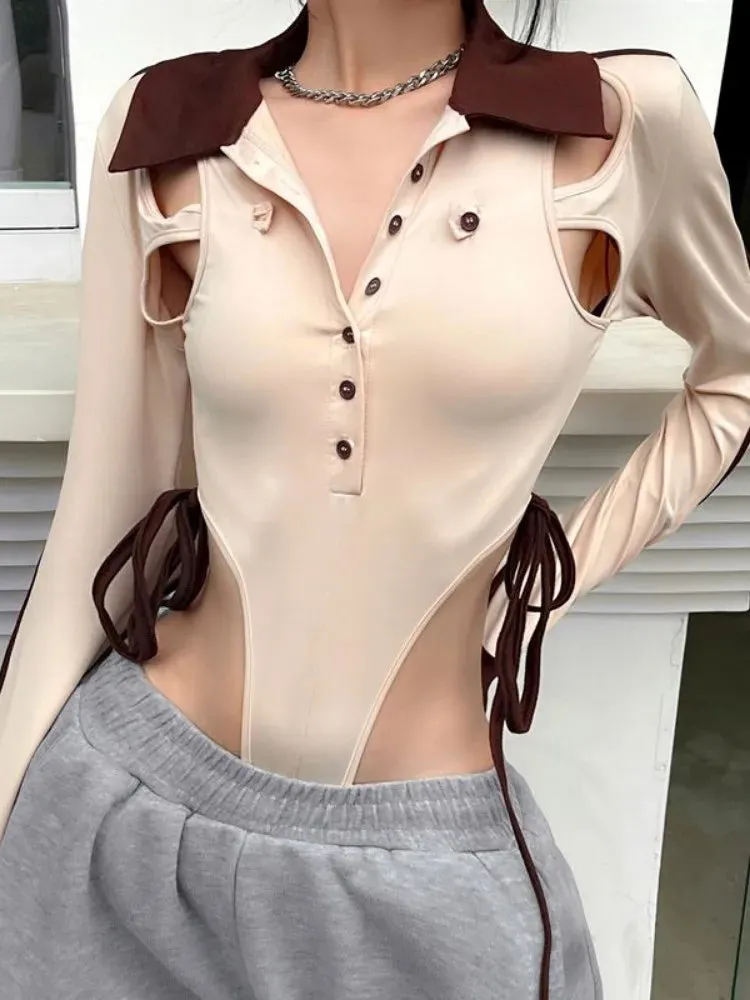 Women Long Sleeves Irregular Patchwork Hollow Out Bodysuits
