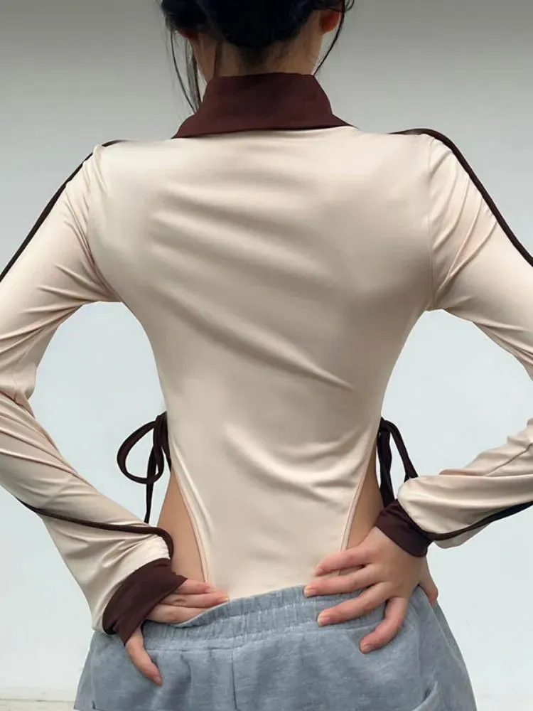 Women Long Sleeves Irregular Patchwork Hollow Out Bodysuits