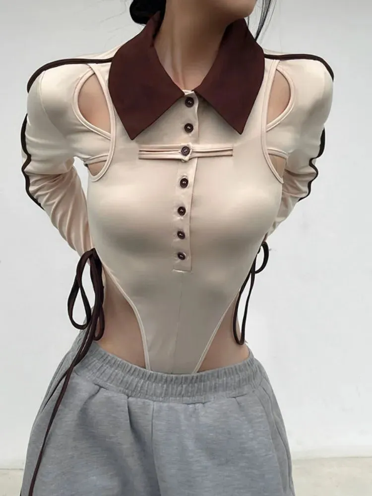 Women Long Sleeves Irregular Patchwork Hollow Out Bodysuits