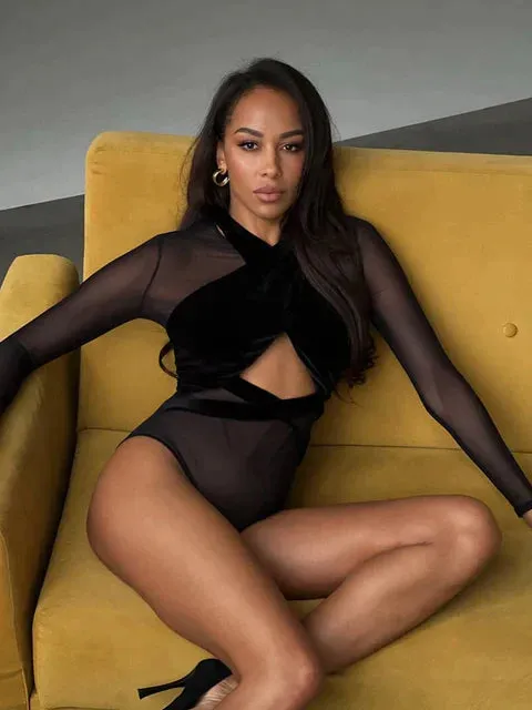 Women Patchwork Mesh Long Sleeve Hollow Out Zipper Bodysuit