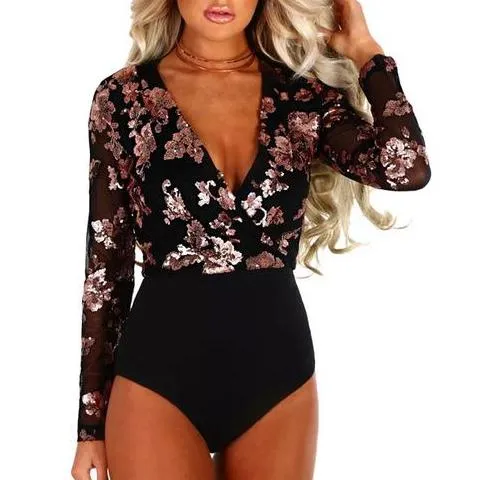Women Sequin Bodysuit Mesh