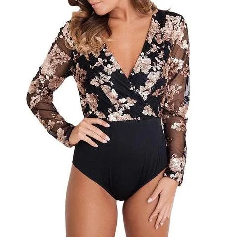 Women Sequin Bodysuit Mesh